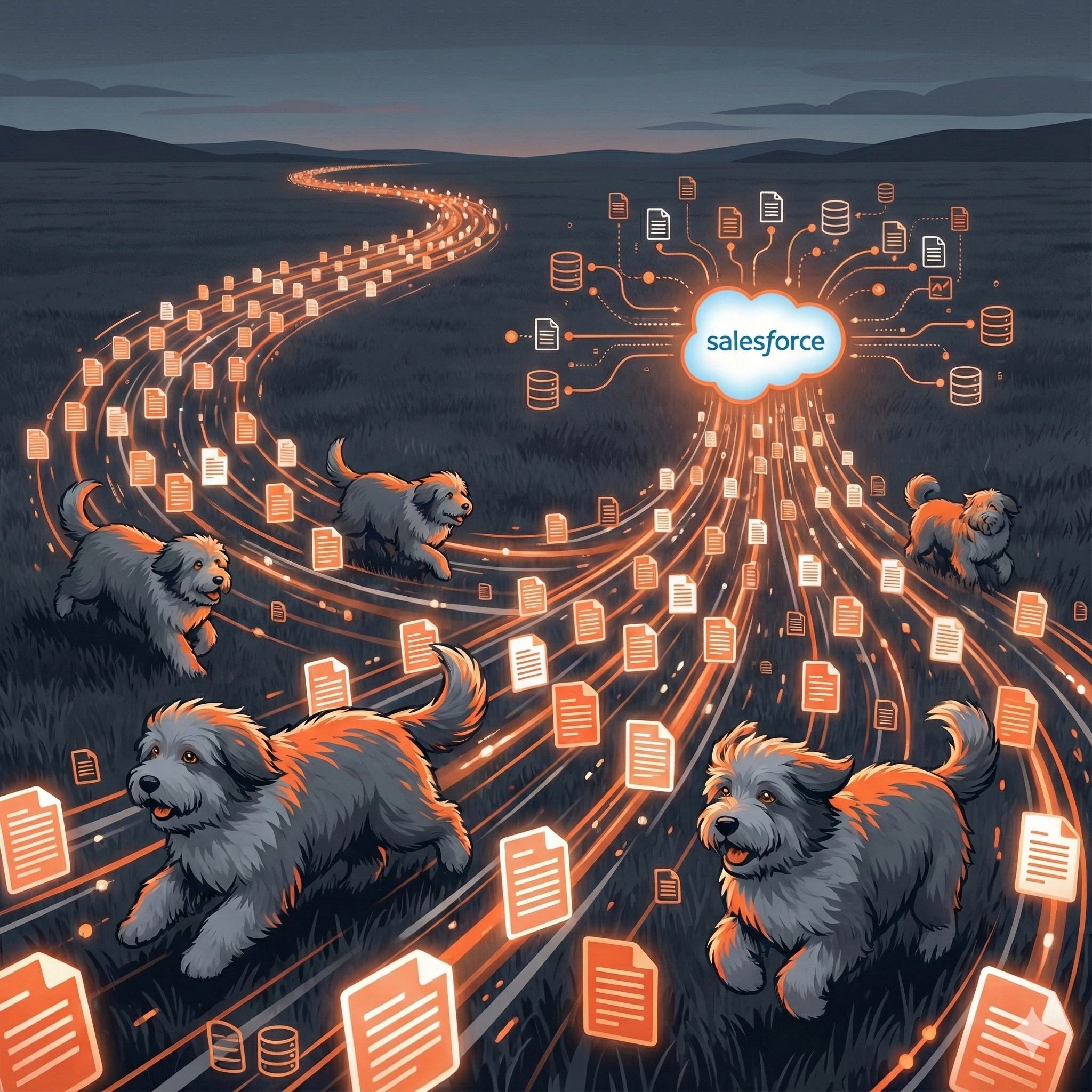 Sheepdocs illustration showing sheepdogs herding documents into Salesforce
